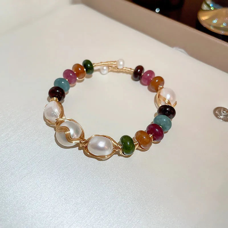 Baroque freshwater pearl bracelet with zircon accents geometric design women's gold colour