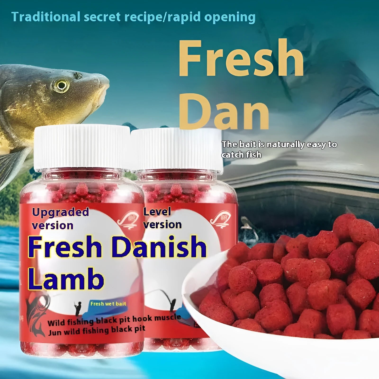 Grass green lazy particle fishing bait for freshwater crucian carp in plastic bottle packaging