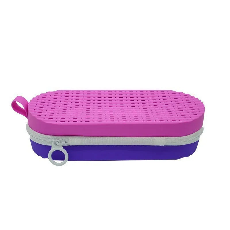 Silicone glasses case in multiple colours showing long hand shape and size scale