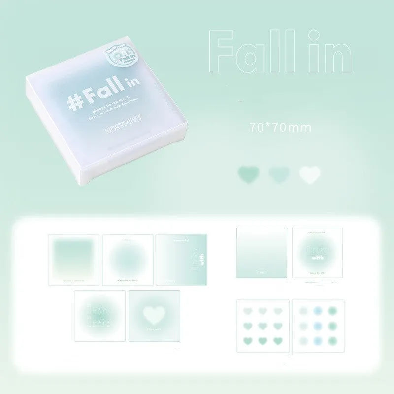 70x70mm paper brick notepad with gradient cover alongside sticky notes, post-its, and stickers.