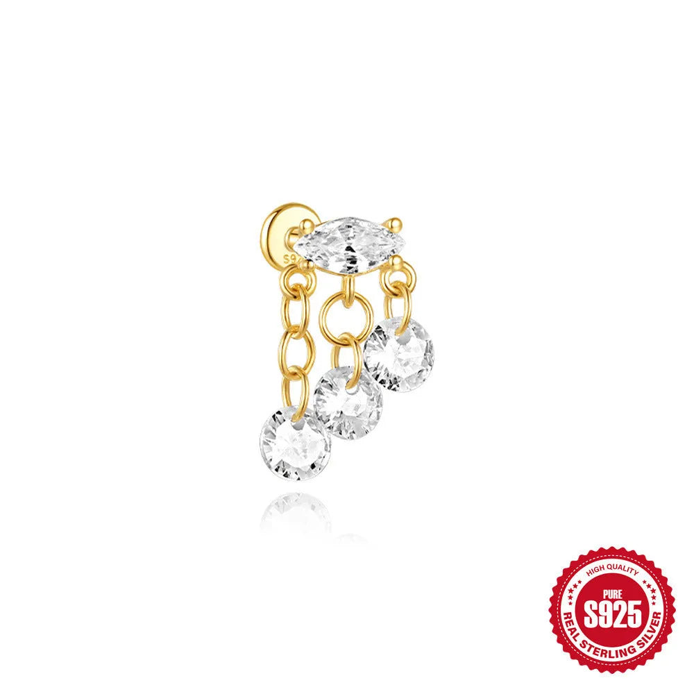 S925 sterling silver water drop shaped earrings with a flat spiral geometric design on a white background.