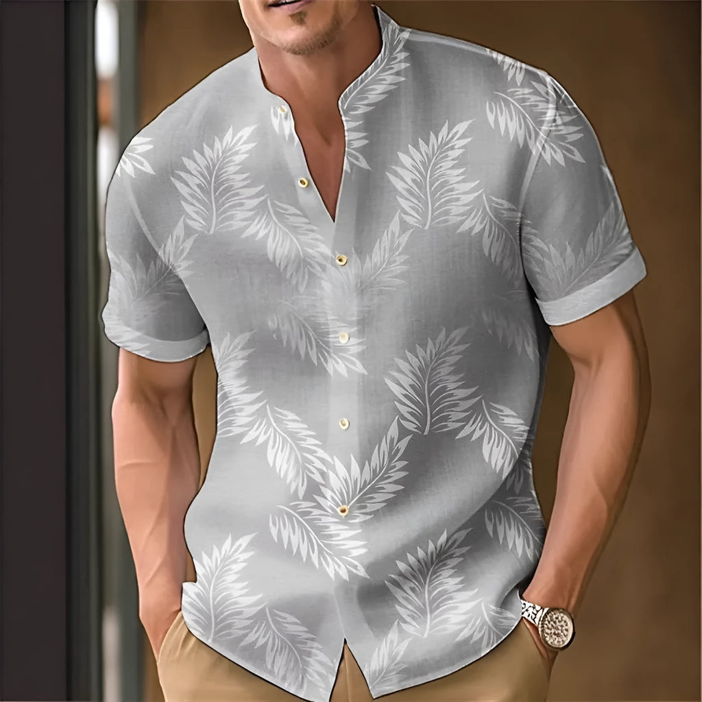 Men's printed casual short sleeve shirt on a hanger, showing one of eight available colour options.