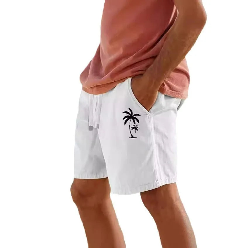 Men's heat transfer patch beach drawstring elastic shorts in khaki cotton blend, front view