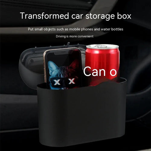 Black foldable plastic car trash can with waterproof lining, designed for mounting behind a car seat.