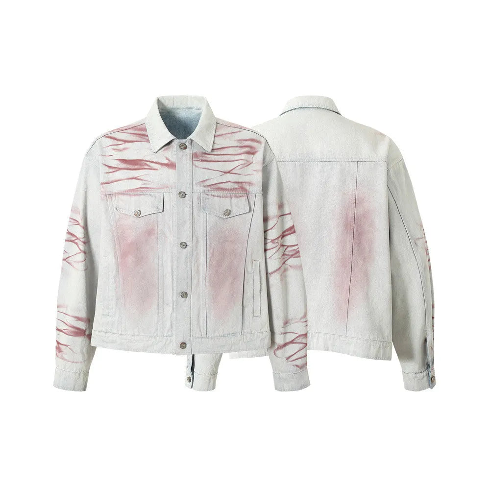Blue inkjet tie-dyed cotton denim loose jacket for men, long sleeves, straight hem, casual wear