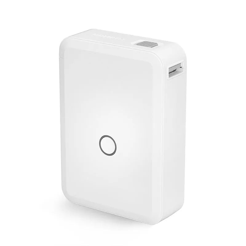 D110 thermal label printer in white with half-inch label roll, front view showing compact size and paper slot