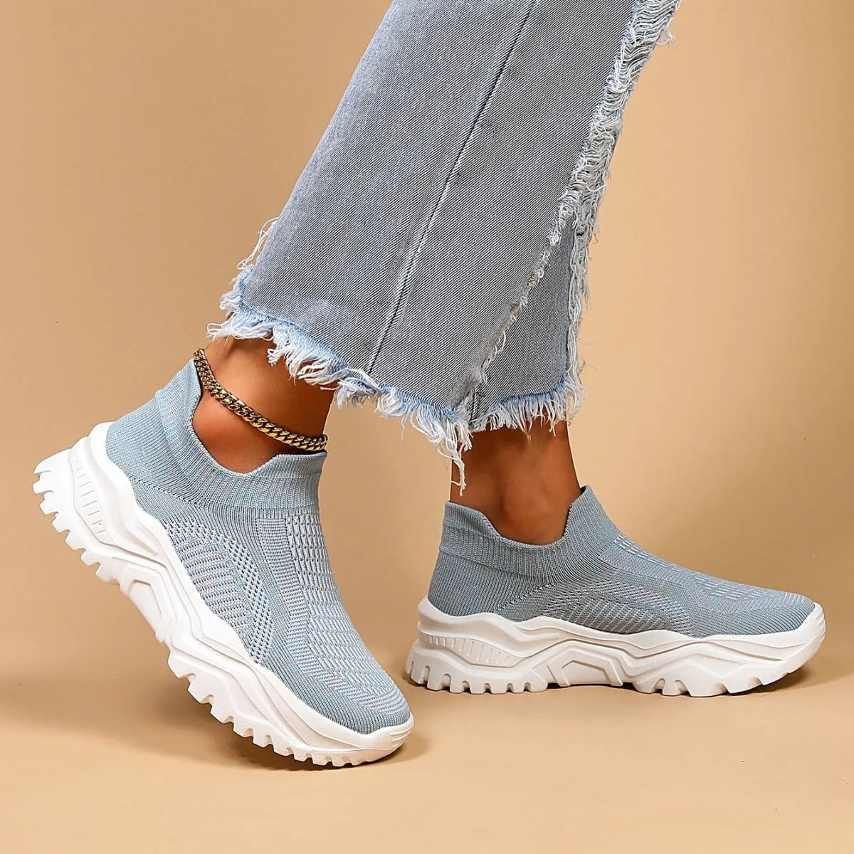 Light blue women's mesh slip-on casual shoes with rounded toe and mid heel