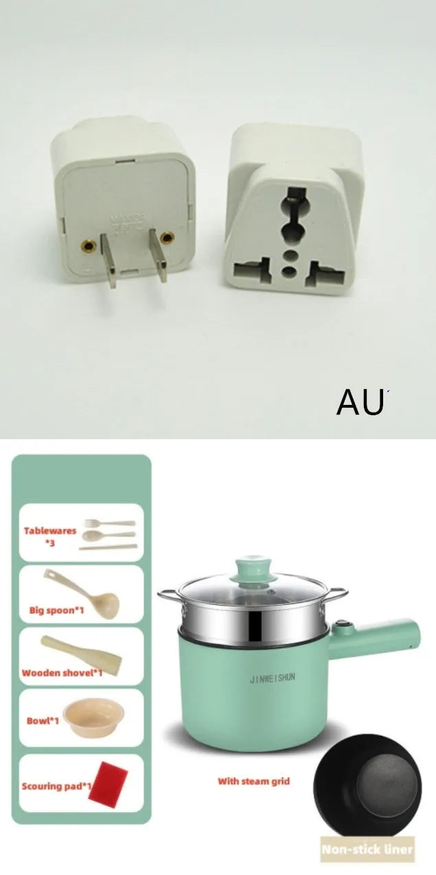 White, green, and khaki mini electric hot pot with non-stick interior and control panel.