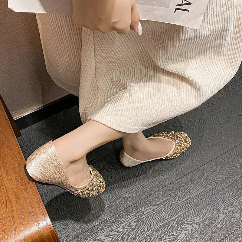 Flat bridesmaid shoes silver square toe satin with rhinestones and sequins