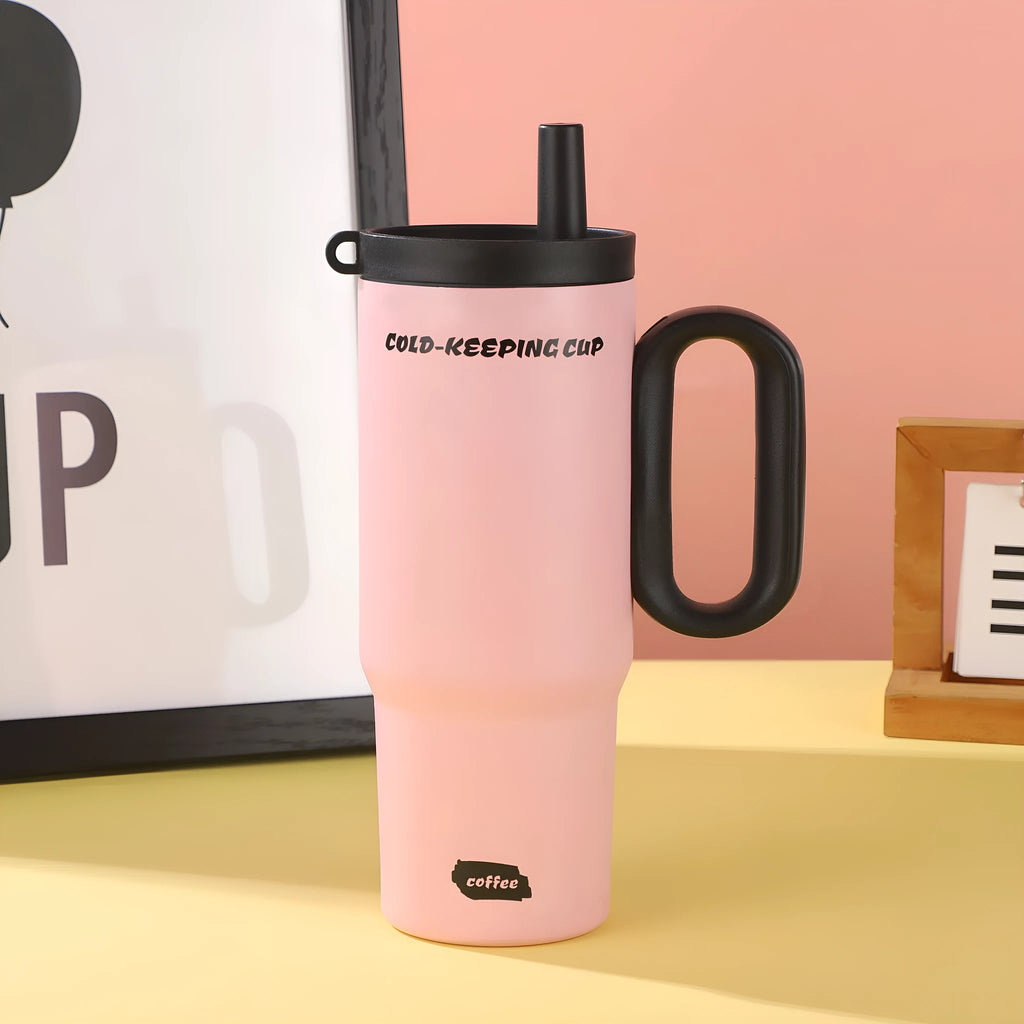 Large capacity portable insulated straw cup with handle in multiple colour options