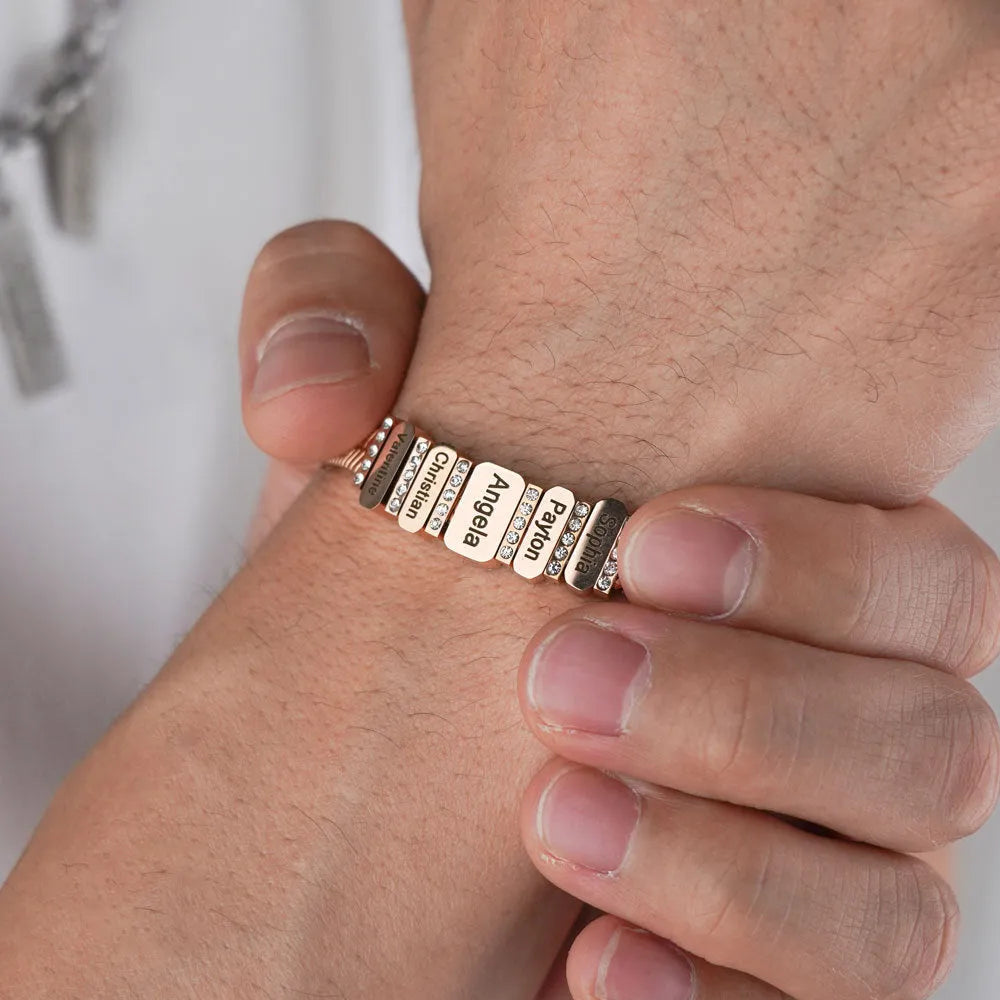 Custom names beaded stainless steel bracelet in steel colour with engraved beads