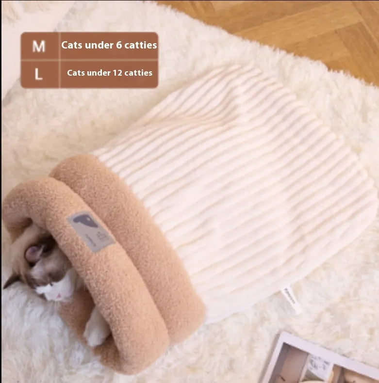 Brown semi-enclosed pet sleeping bag with lambswool warming layer for cats