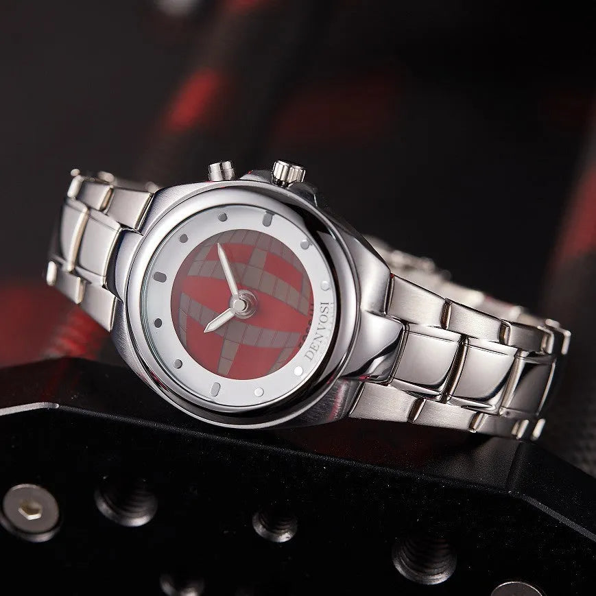 Y2K vintage style digital watch with dual display showing red dial and alloy strap with stainless steel buckle