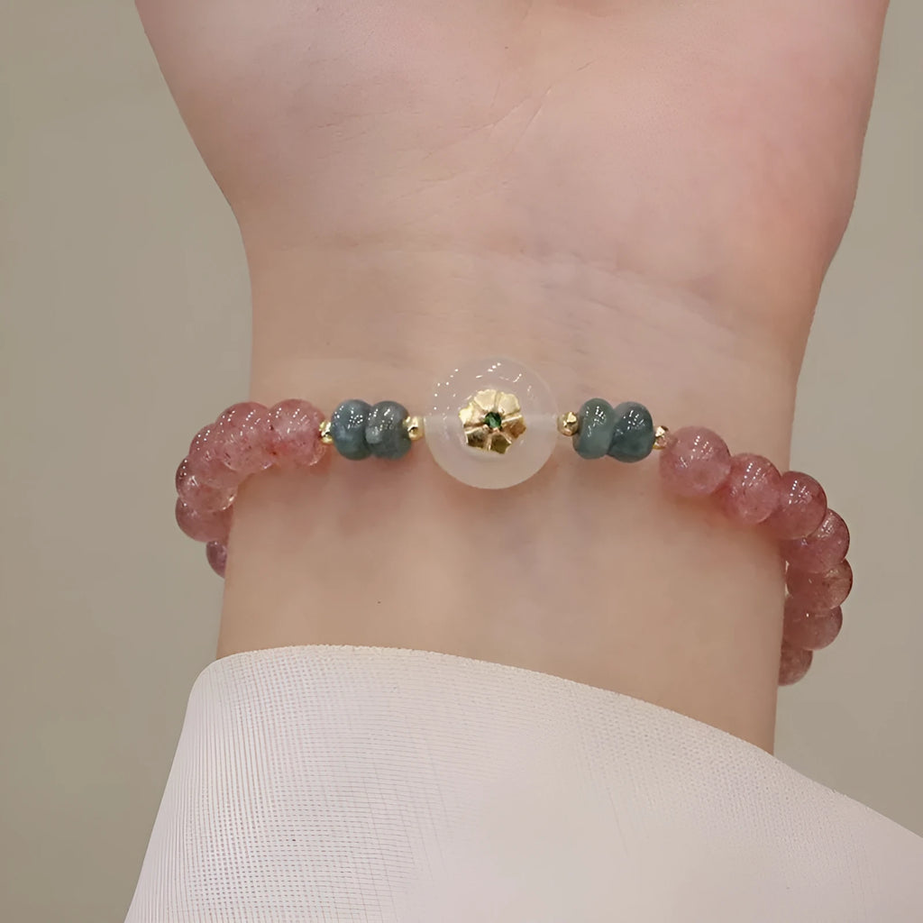 Strawberry quartz and blue water emerald bracelet with geometric diamond shapes and traditional Chinese design elements