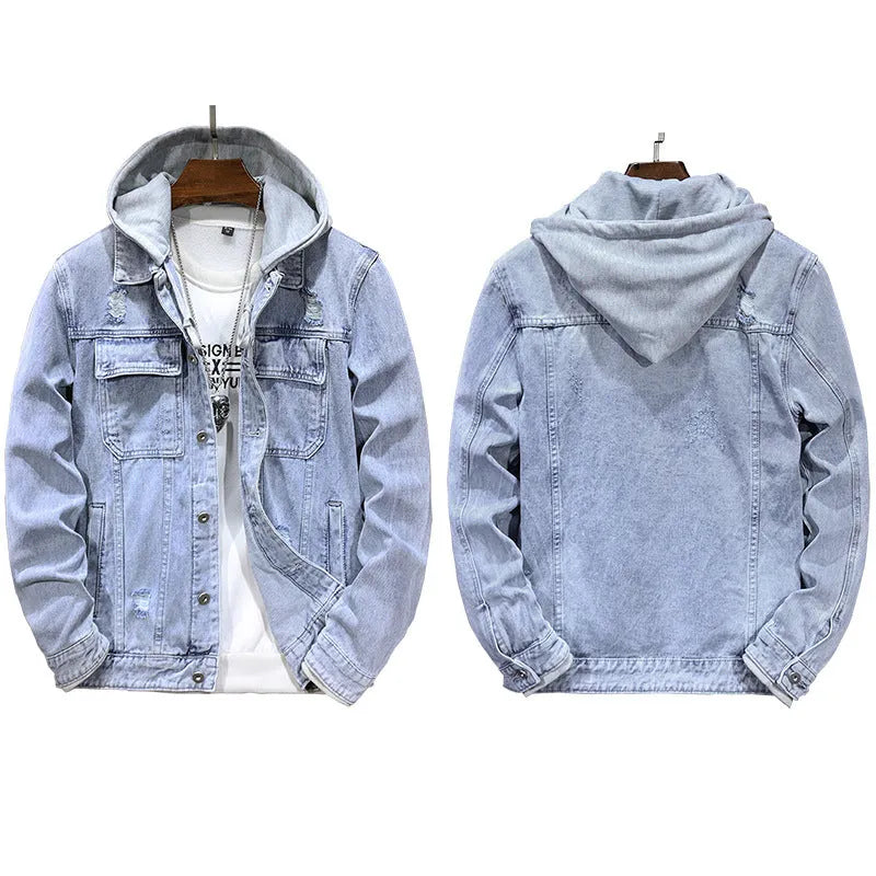 Men's light blue cotton denim jacket with detachable hood and side pockets