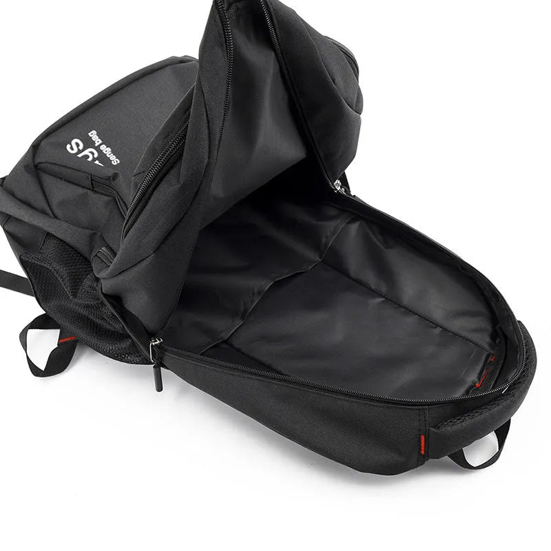 Large capacity black nylon travel backpack with multiple internal compartments and double shoulder straps.
