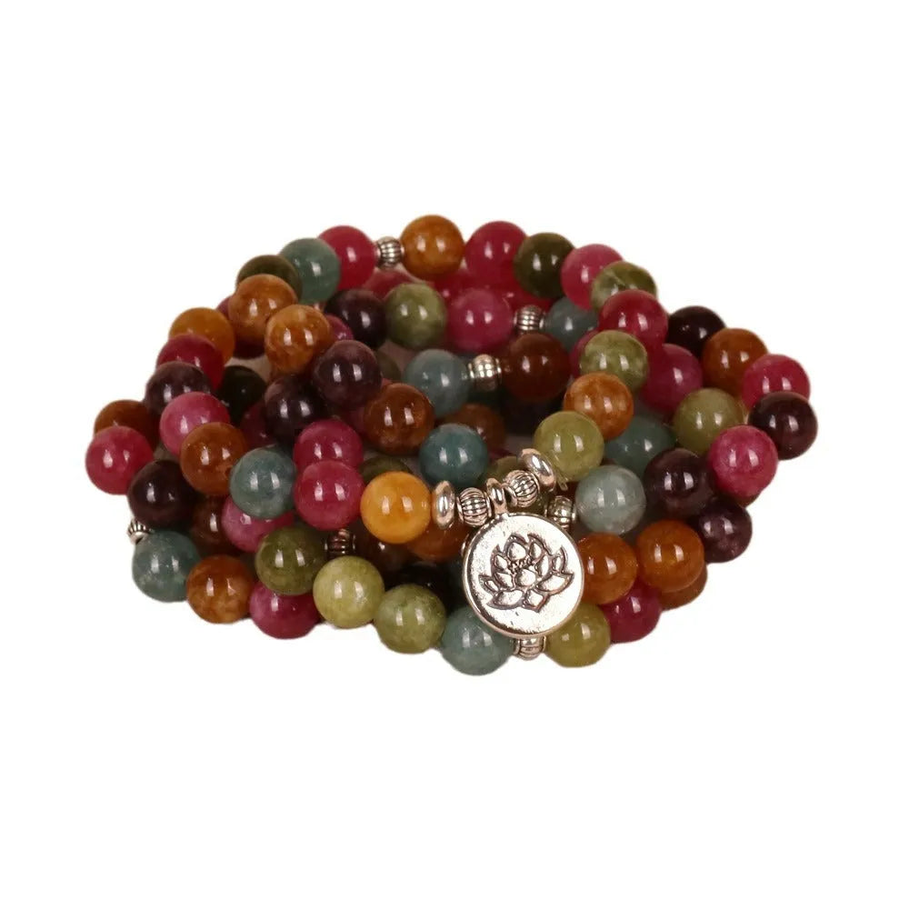 108 beads string lotus hanging multi-layer bracelet in tourmaline colour on alloy.