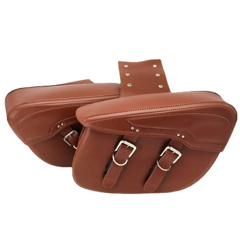 Retro style black PU leather motorcycle side box saddle bag mounted on a bike.