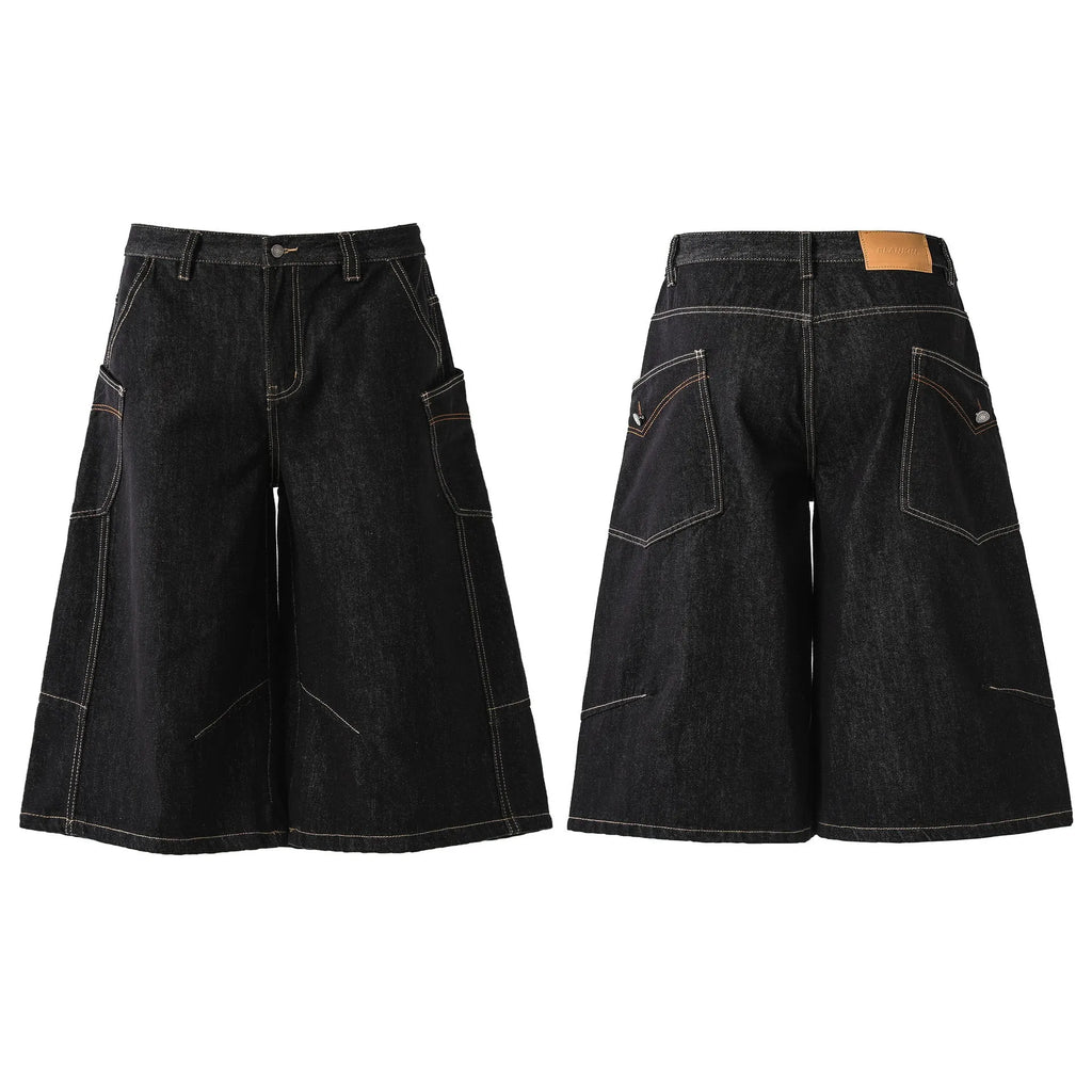 Man wearing black retro washed straight-leg denim cropped pants with side pockets.
