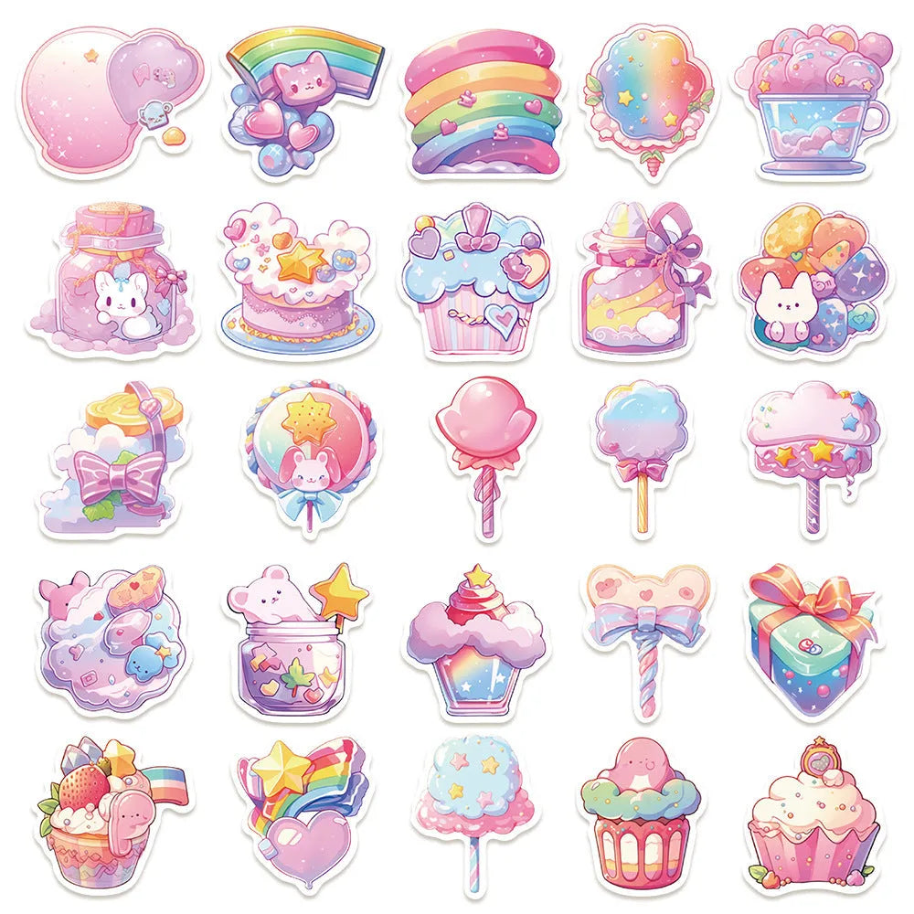 Pack of 50 fresh candy small object decorative waterproof stickers, each measuring between 4 and 7 cm.