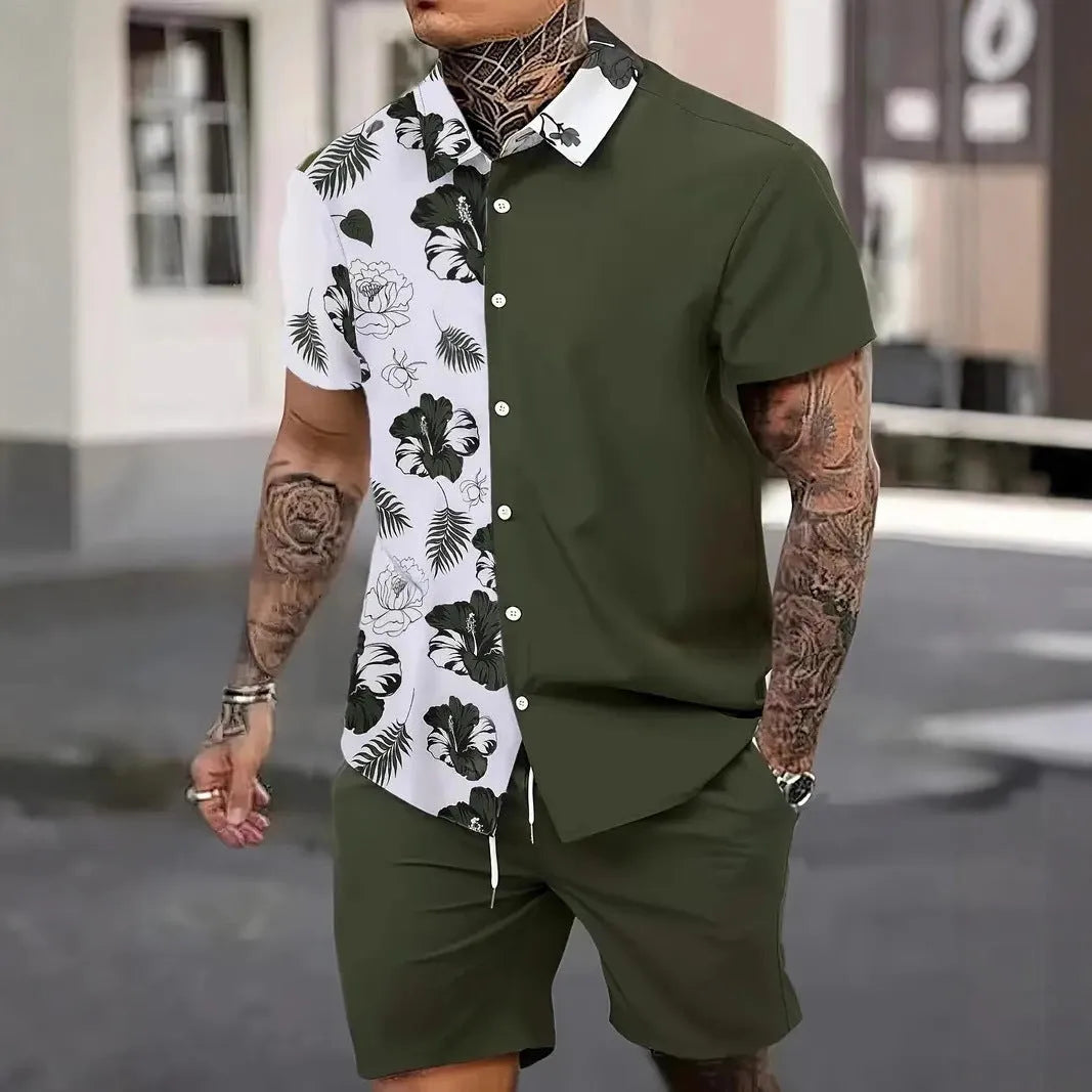 Men's 3D printed Hawaiian style short sleeve shirt and shorts set in polyester fabric.