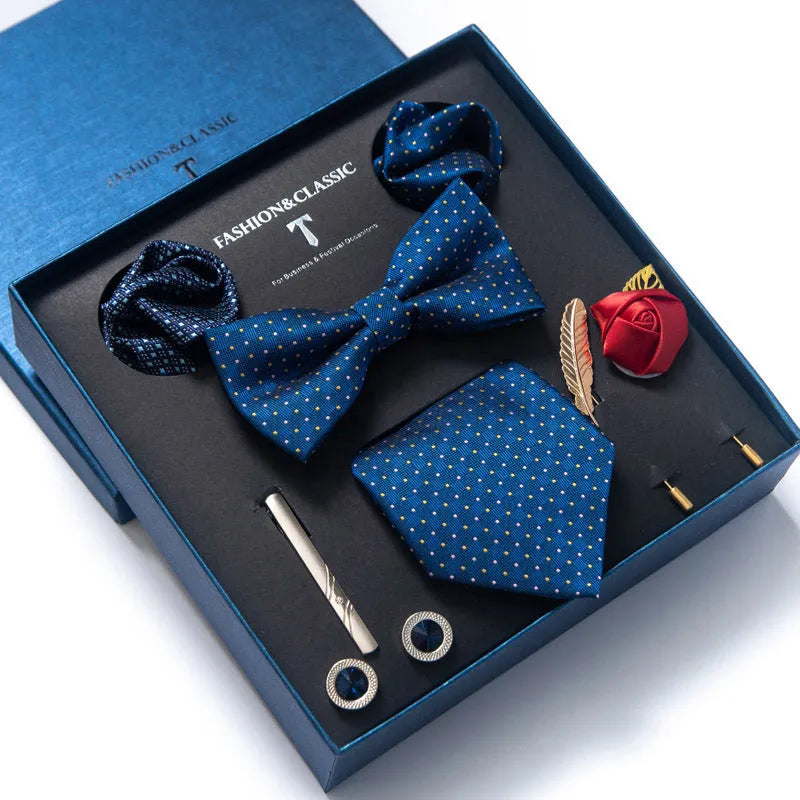 Men's 8-piece rayon jacquard bow tie set, heart shape arrow style, monochrome pattern, 146cm length