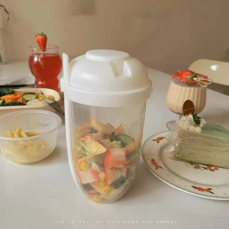 Ins style 1000ml salad cup with white fork and leak-proof cover, Klein Blue colour, on white background