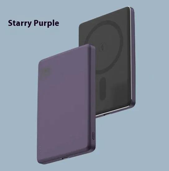 Ultra-thin aluminium alloy magnetic power bank in four colours showing 20W fast charging and wireless charging functions.
