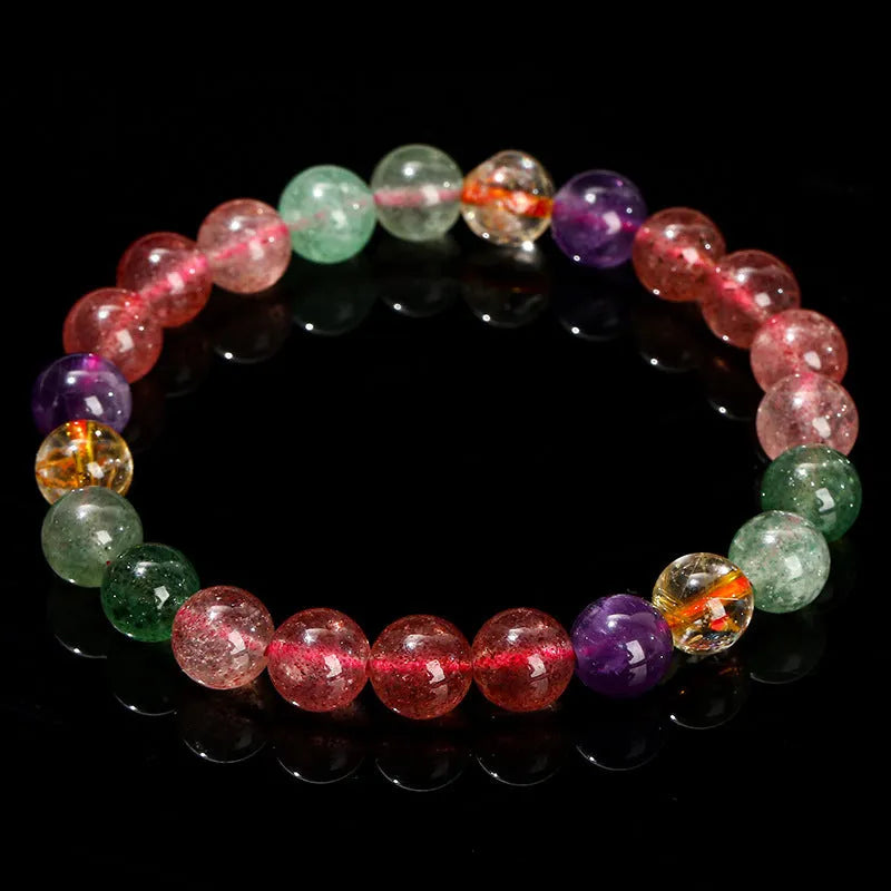 Natural tourmaline colour strawberry quartz bracelet with round geometry beads.