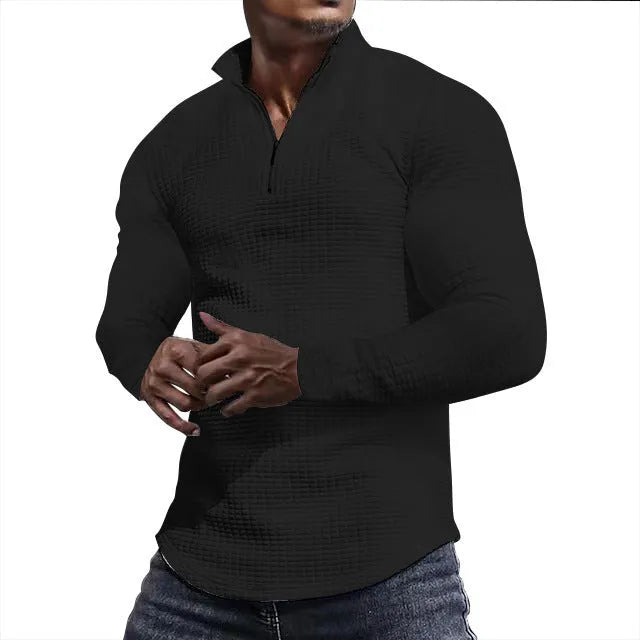 Men's stand collar half zip plaid sweater in polyester, available in multiple colours, front view