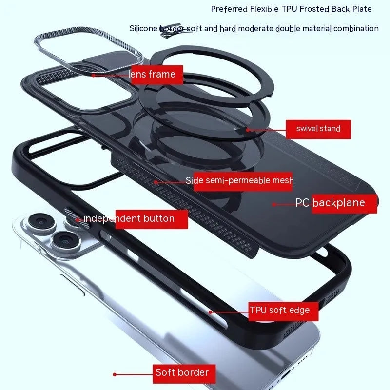 Frosted silicone iPhone case with a rotating stand extended and a magnetic ring on the back.