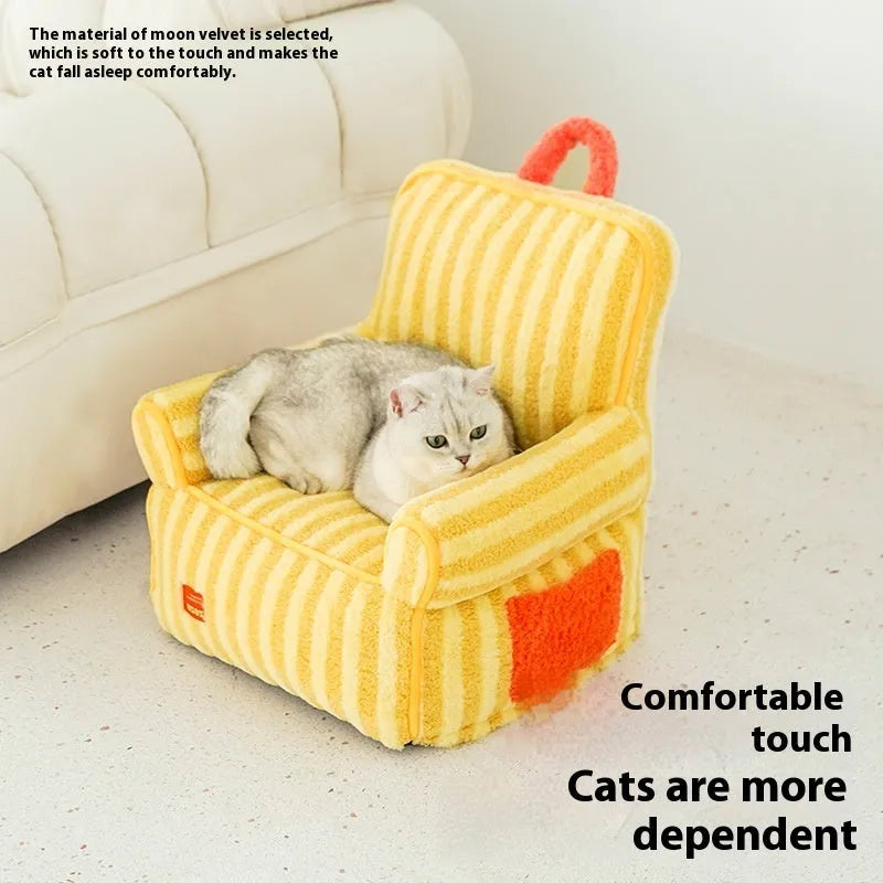 Striped plush dog bed with removable cover in yellow, orange, and purple colour options.