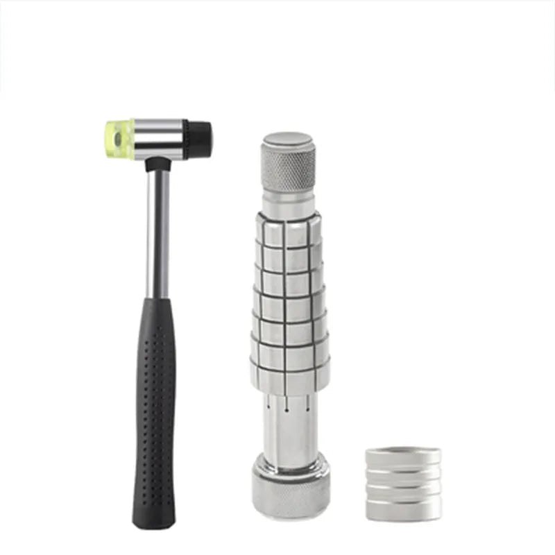 Black ring expansion tool set with base expander and rubber hammer for jewellery resizing