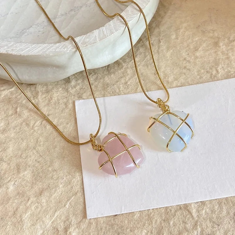 Fashion moonstone heart necklace with electroplated gold finish, adjustable chain, Barbie opal colour