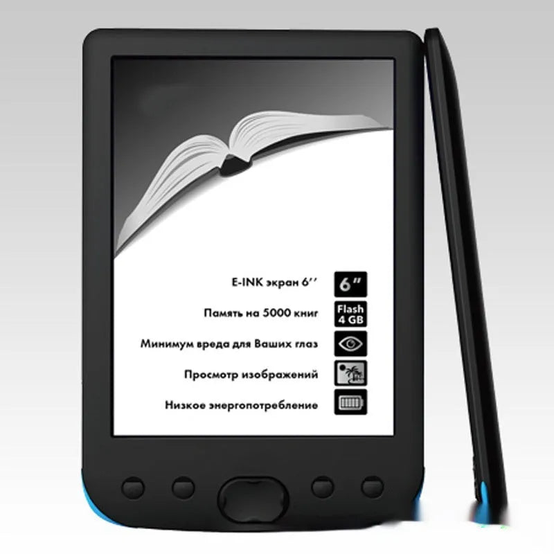 Black 6-inch E-ink screen e-book reader with multiple storage options