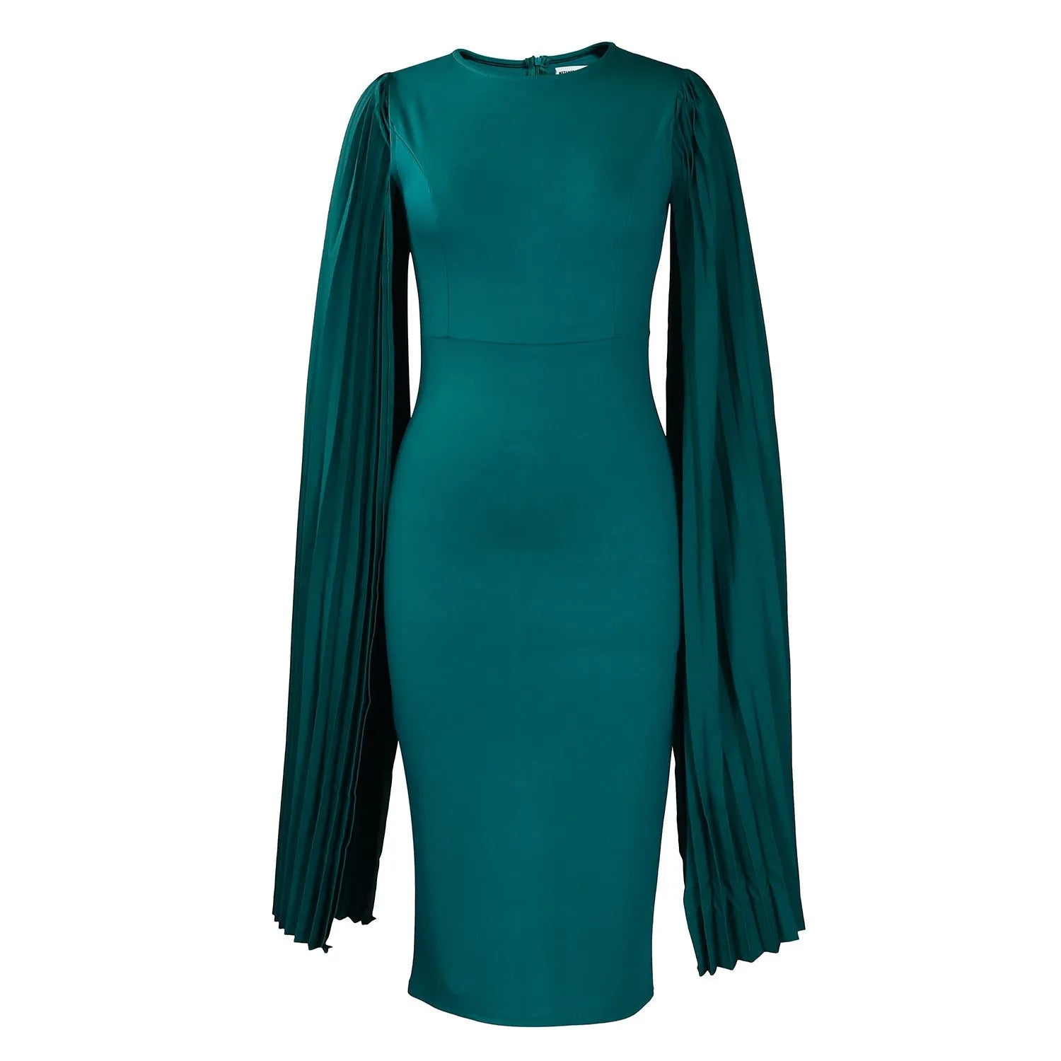 A woman wearing a green, round neck, long sleeve pleated shawl evening gown with a high waist.