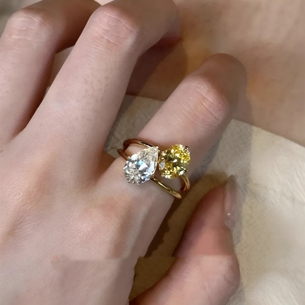 Geometric copper open ring for women with a water drop double sheng stone.
