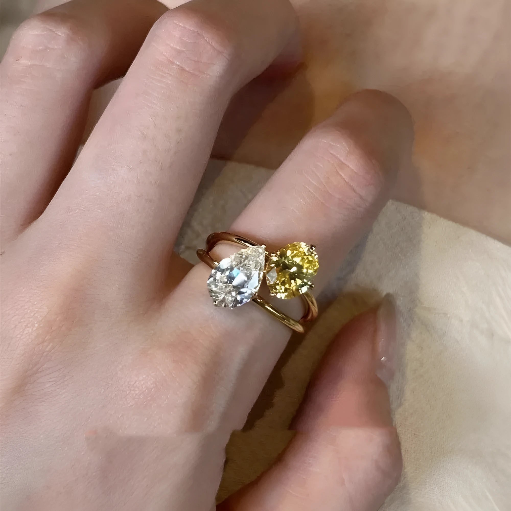 Geometric copper open ring for women with a water drop double sheng stone.