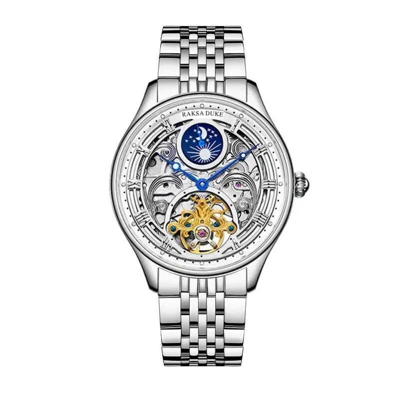 Men's waterproof business watch with a steel strap on a wrist, showing a white dial and 16mm thickness.