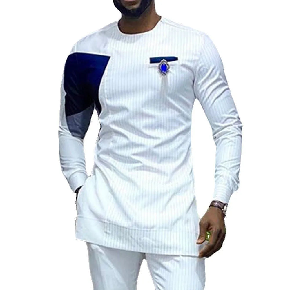 Men's slim fit white cotton long sleeved shirt with printed pattern, front view.