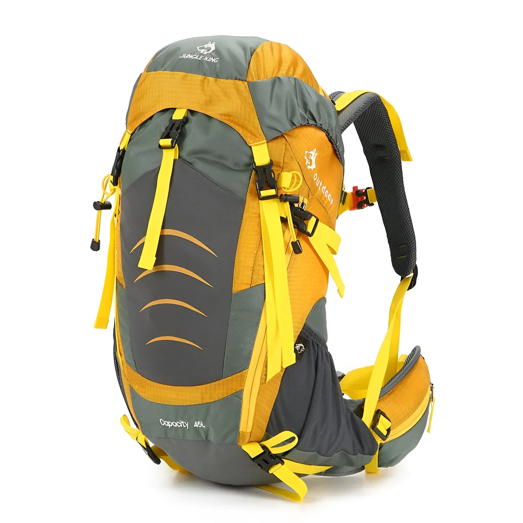 Large capacity foldable nylon mountaineering bag for outdoor hiking, available in blue, red, or yellow
