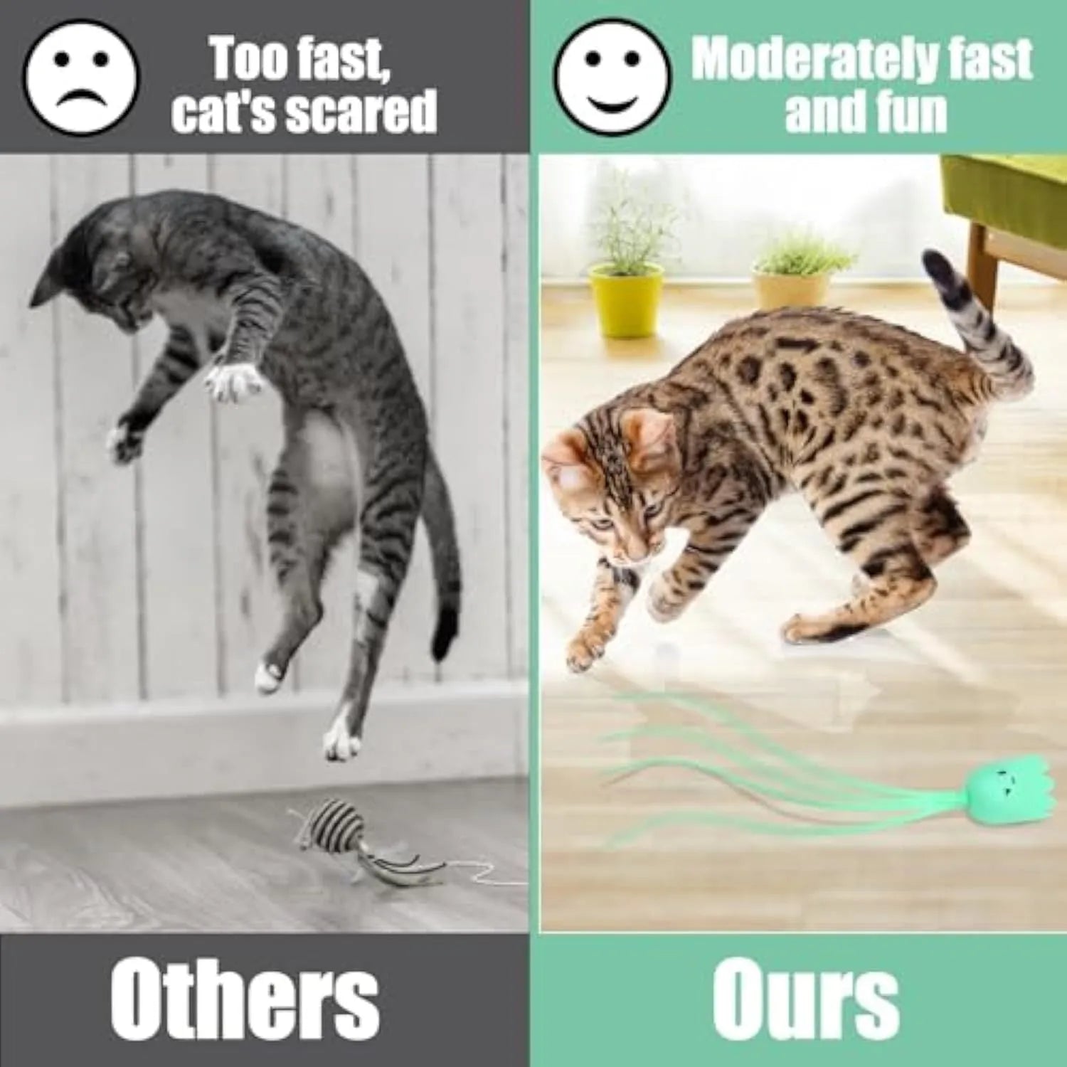 Green electronic cat wand toy with swinging silicone tails for indoor cats