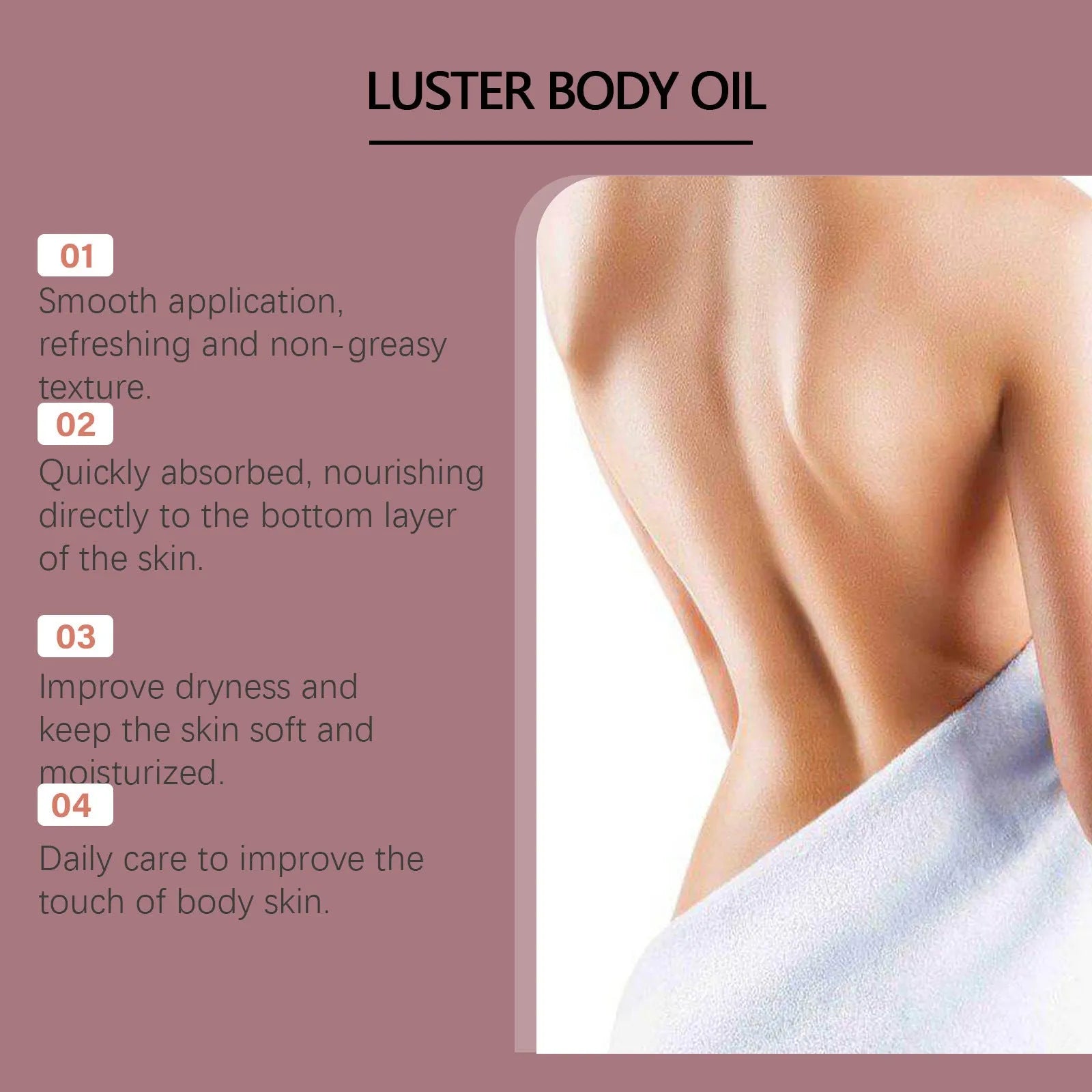 100ml bottle of Gloss Care Body Massage Oil with jojoba, almond, and camellia seed oils.