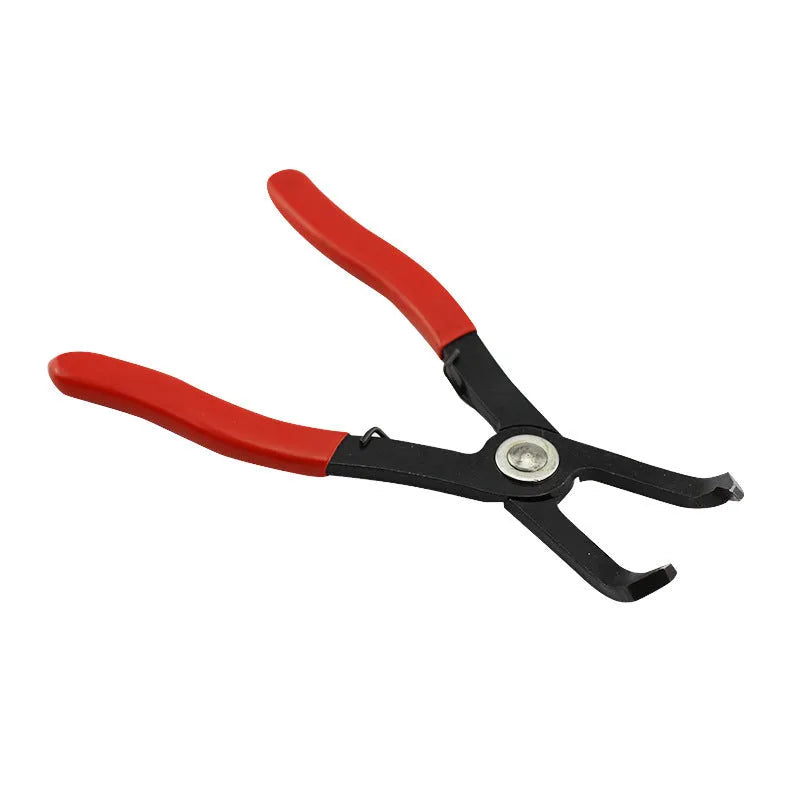 Red round nail removal pliers with adjustable steel jaws and black PVC handles.