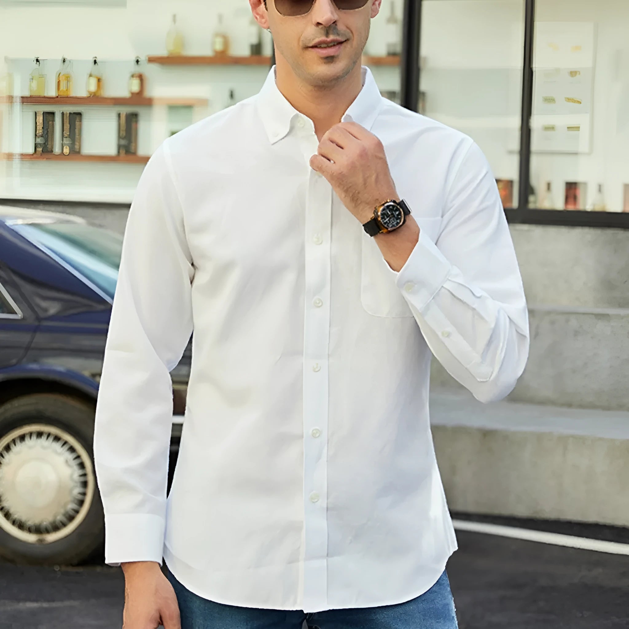 Men's Oxford pure colour casual loose shirt in linen cotton blend, cardigan style, solid colour, relaxed fit for work