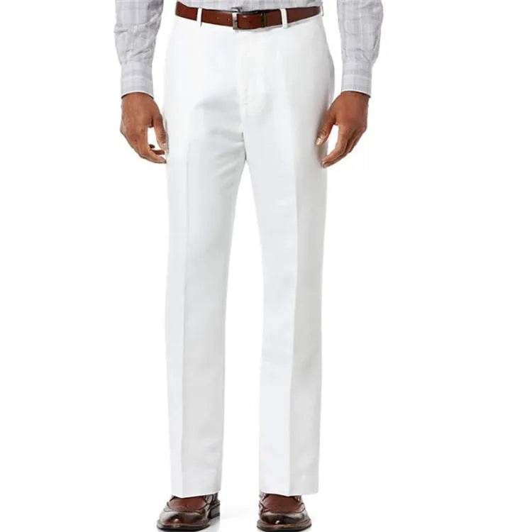 Men's beige white linen-cotton blend casual trousers with slant pockets, laid flat.