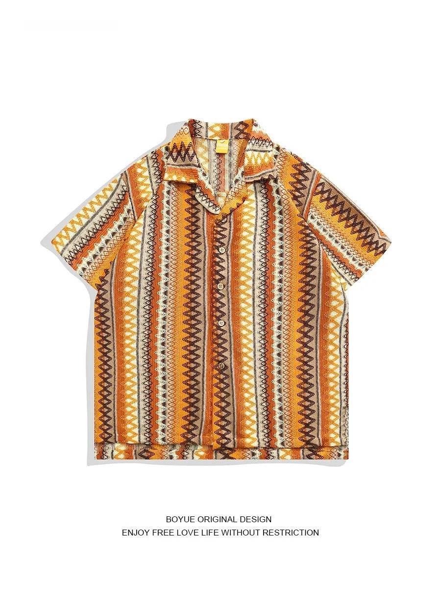 Ethnic woven Cuban collar shirt with contrast colours and drop-shoulder short sleeves