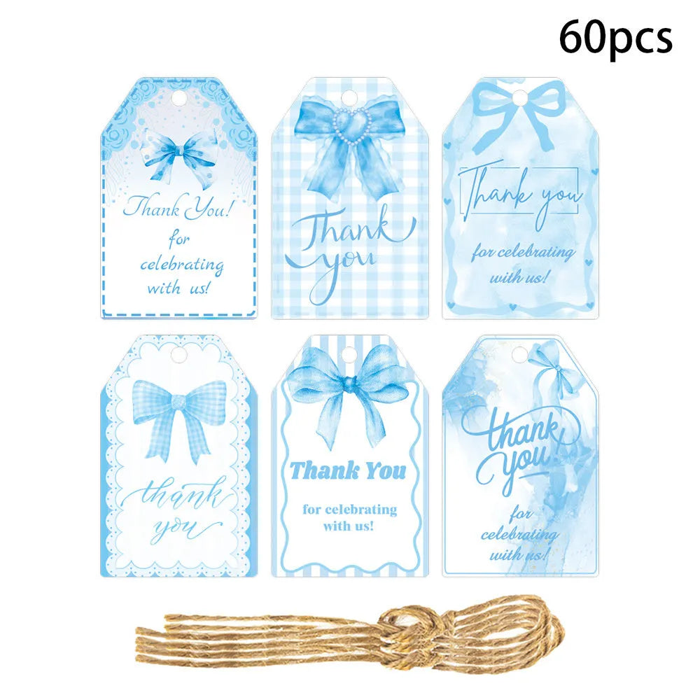 Three style variations of creative bowknot gift label tags with hemp rope attachments