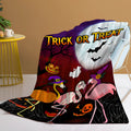 Purple flannel Halloween flamingo printed blanket on a sofa, size 130x150cm