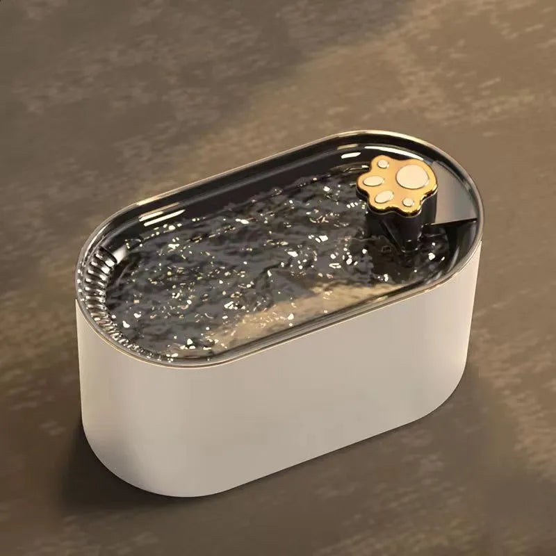 Berlin blue automatic pet water fountain with triple filter and LED light on a wooden floor.